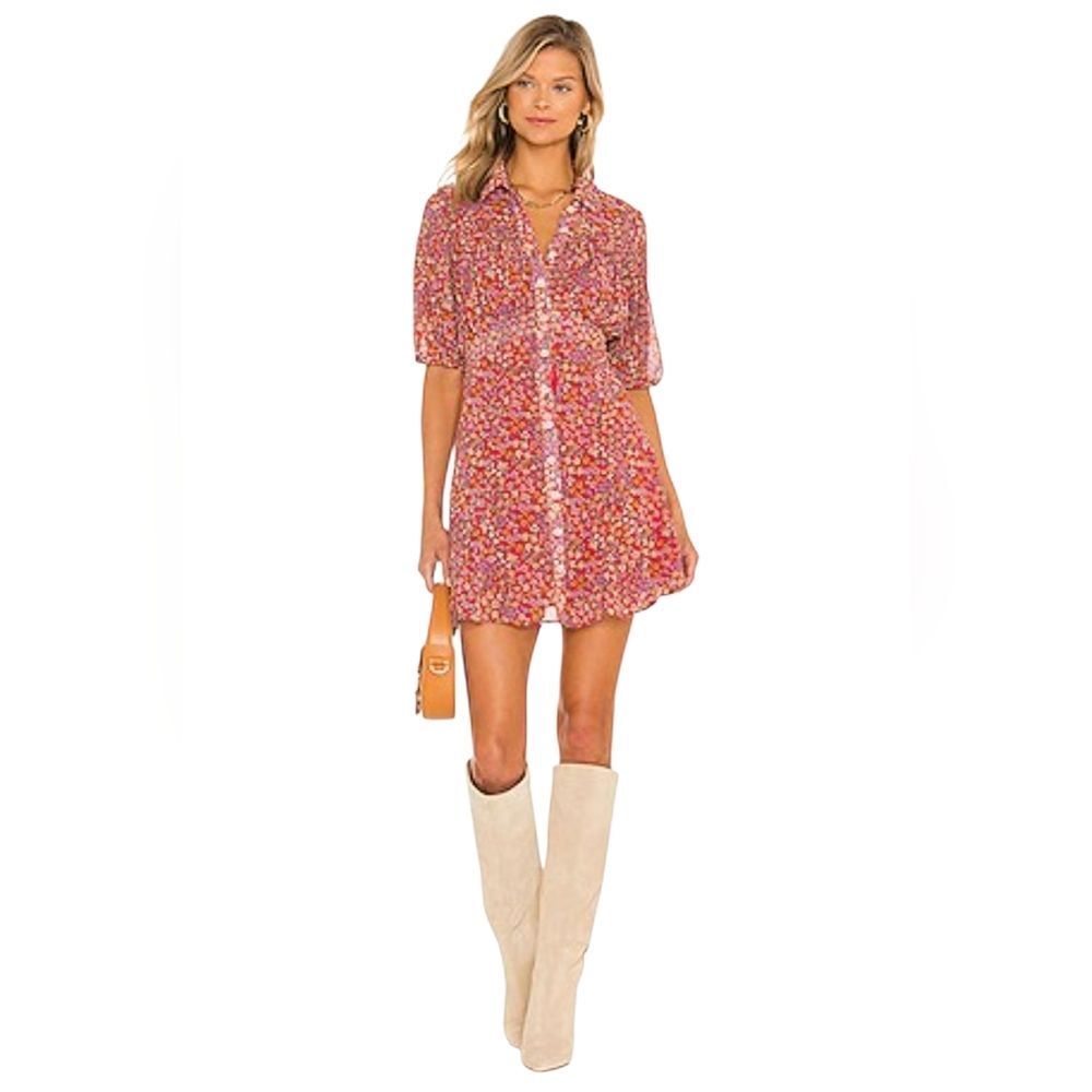 Free People Womens Bonnie Mini Dress Button Down Floral Print Size Small Boho